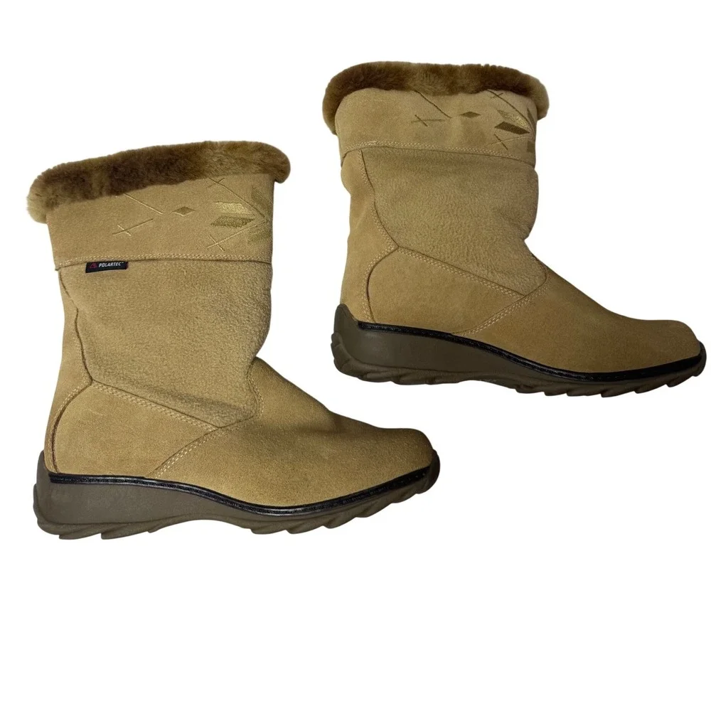 Sports Polartec Tan Suede Winter Boots Faux Fur Trim Embroidered Mid Calf Women